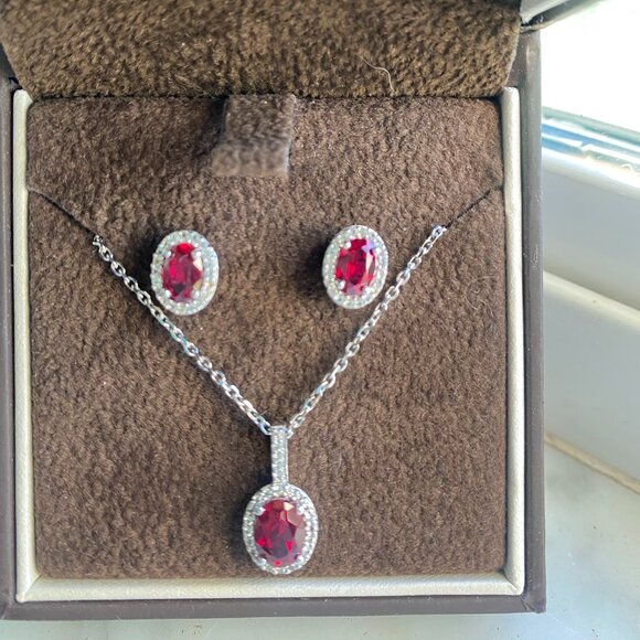 Jared's- Ruby & White Topaz Necklace & Earrings Set